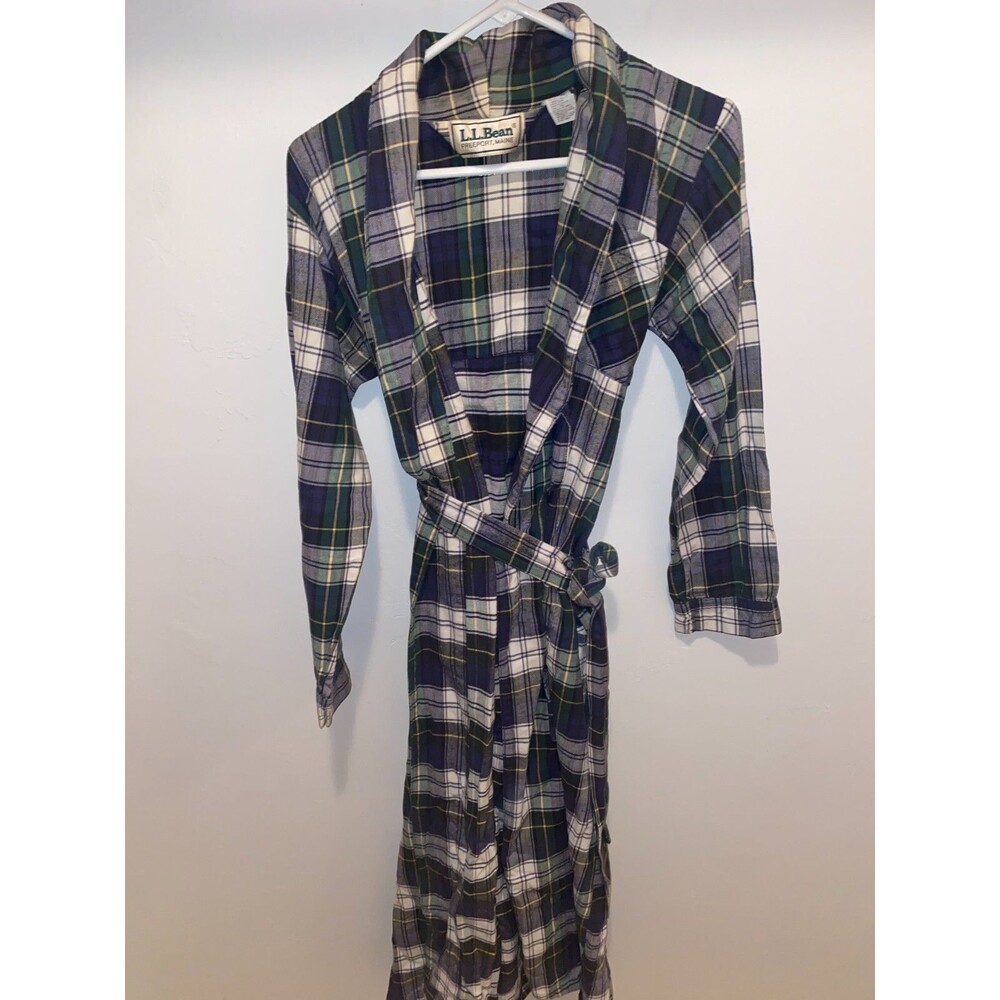 Vintage 80s L.L. Bean Women's sz S Tartan Plaid Lightweight Flannel Belted Robe